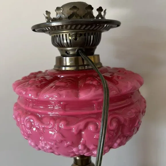Antique Victorian Pink Cranberry Milk Glass Oil Lantern Electric Parlor Lamp - Picture 4 of 14